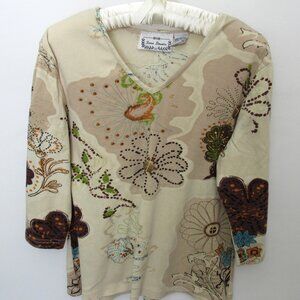 Sara Studio beige brown floral beaded V-neck 3/4 sleeve tee *Sz M*